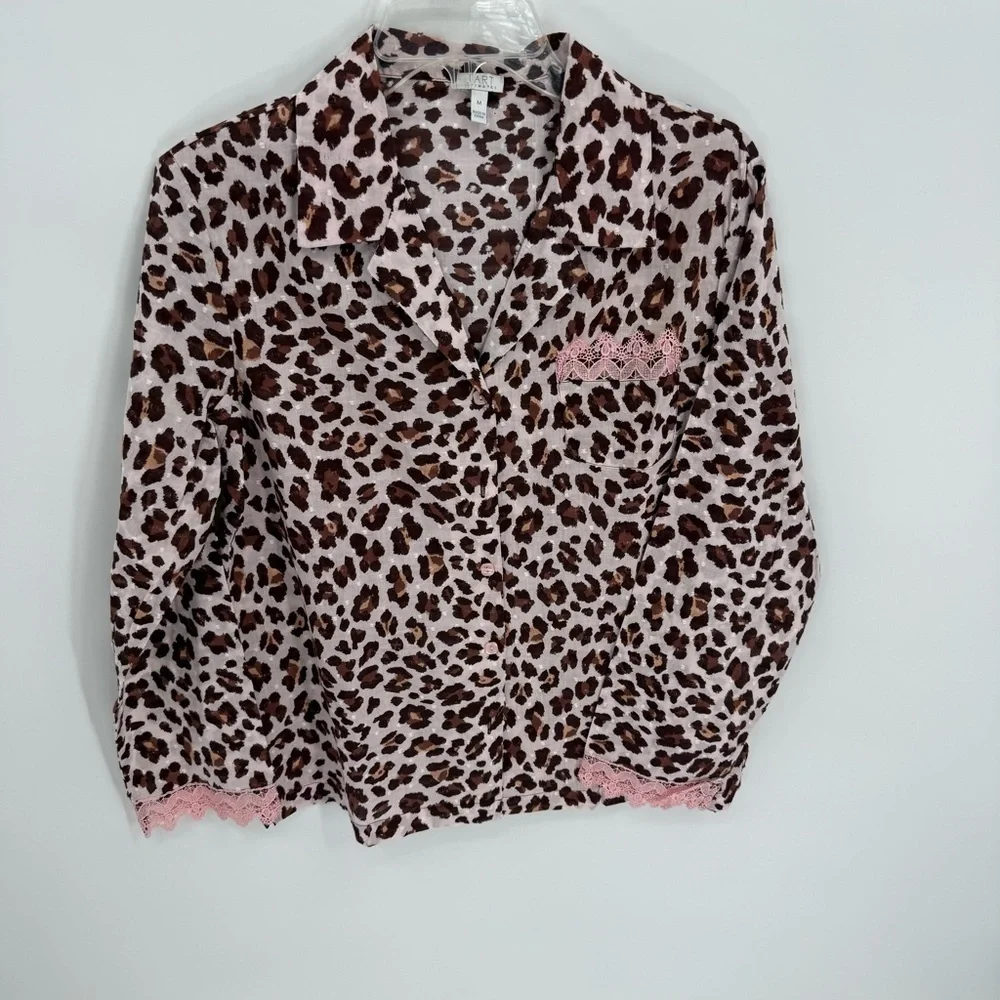 TART INTIMATES Leopard Print Pajama Set Size M women Pants Top Brown Pink Lace